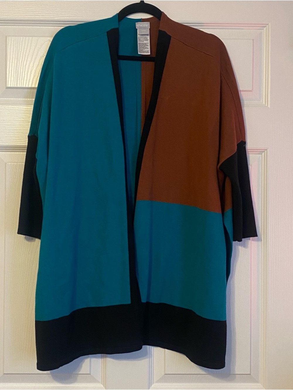 Chico's Teal, Rust & Black Colorblock Open Cardigan
